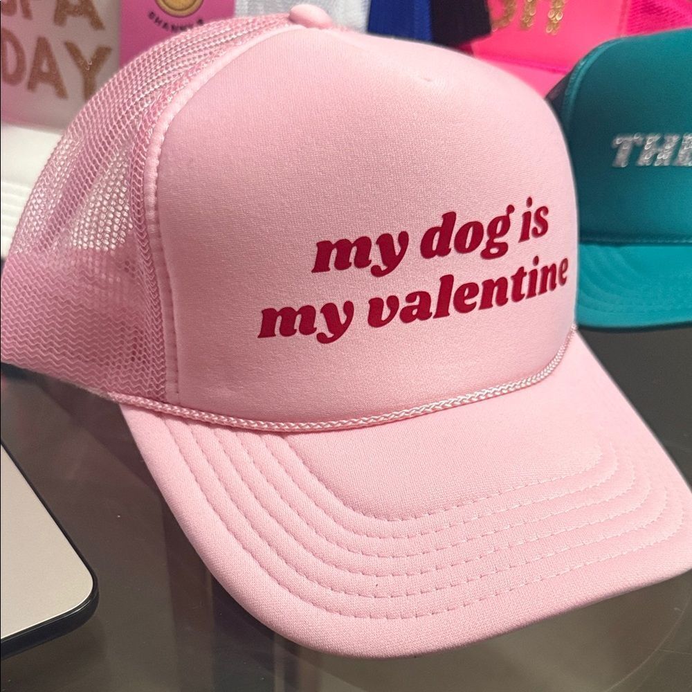Pink Dog Lover Trucker Hat "My Dog is My Valentine" NEW Pink & Maroon Writing